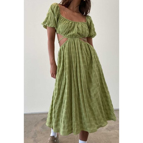 Spring Style Green Matcha Cut-Out Midi Dress 100% Cotton - Picture 8 of 11